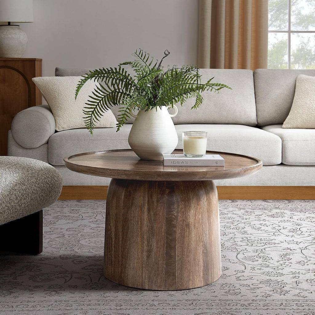 Modway Holloway 30 Inch Round Mango Wood Coffee Table in Walnut – Contemporary Circle Drum for Living Room – Mid-Century Modern Table with Solid Tabletop