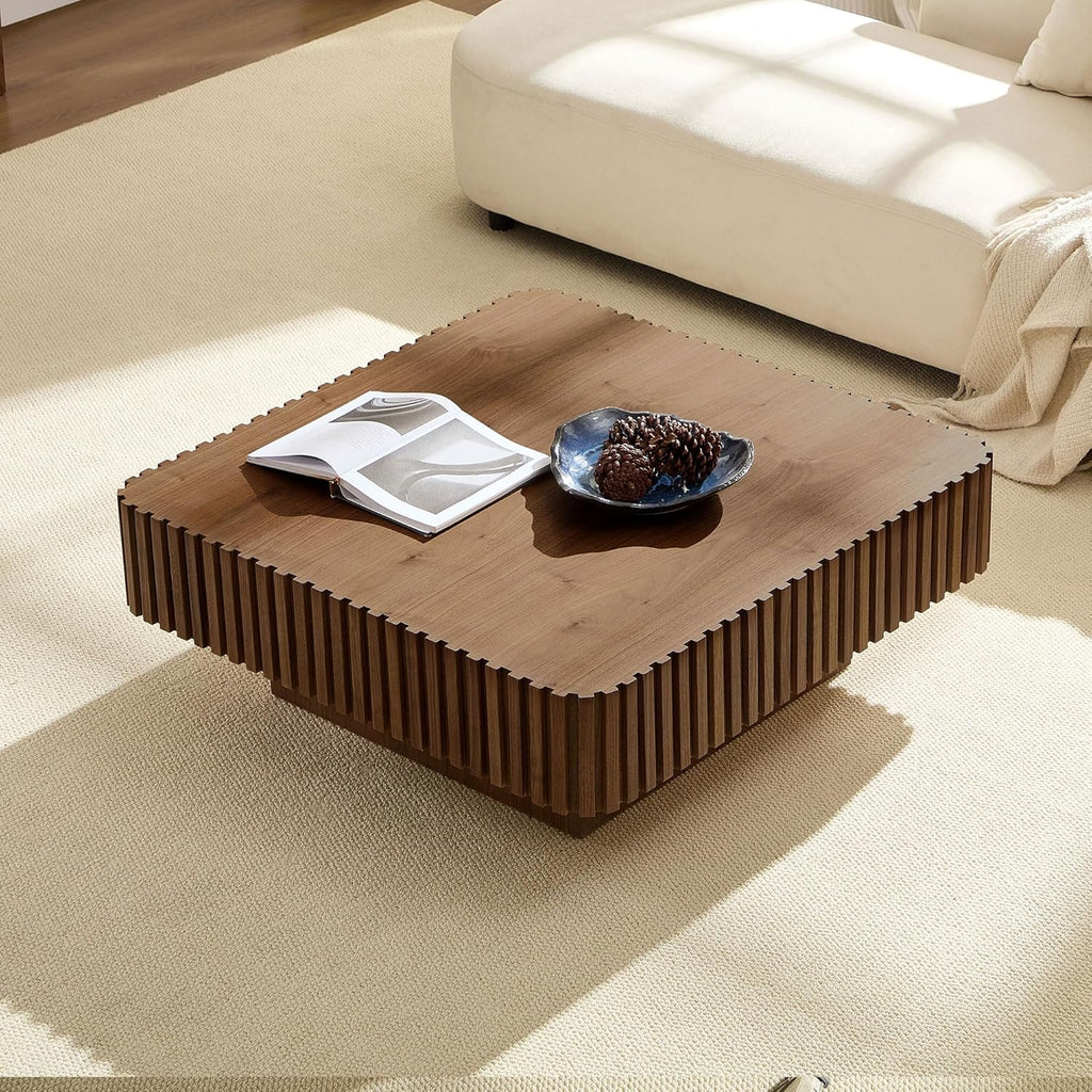 WILLIAMSPACE 35.43' Square Coffee Table with Sturdy Base, Modern Luxury Wood Drum Center Table Accent End Side Table for Living Room, Minimalist Fluted Design, Walnut