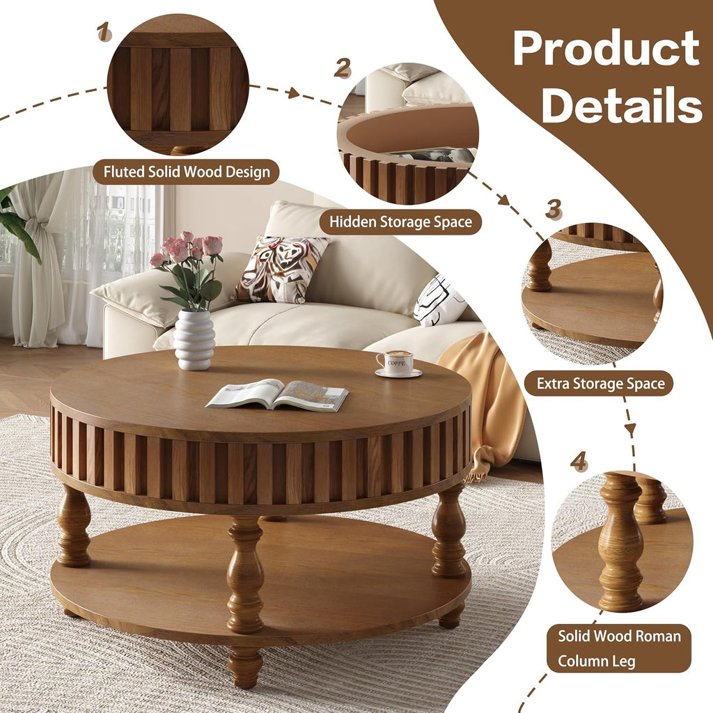 31.49'' Round Coffee Table with Storage Space, 2-Tier Modern Rustic Wood Circle Fluted Coffee Table for Living Room, Moveable Table Top & Easy Assembly, Walnut