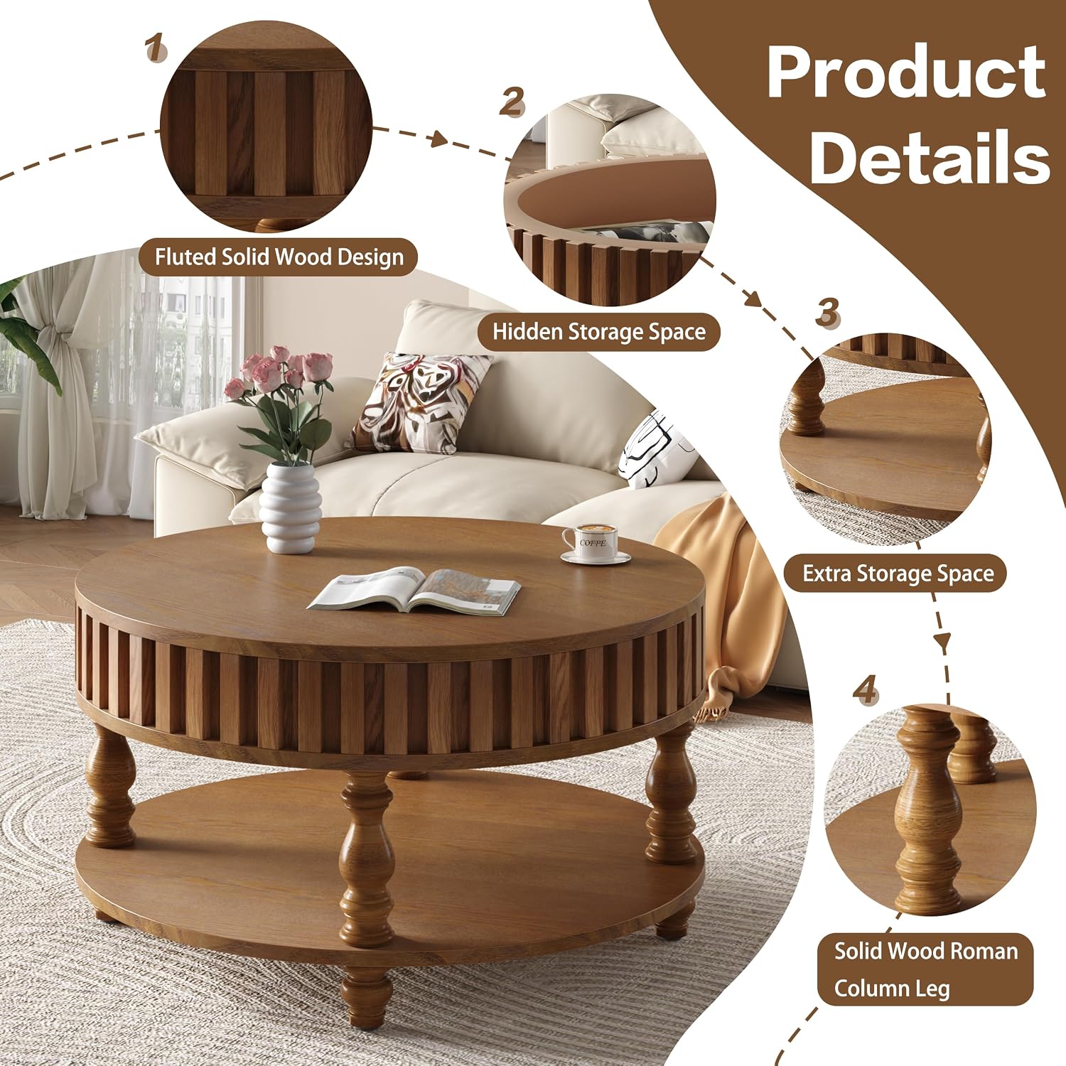 31.49'' Round Coffee Table with Storage Space, 2-Tier Modern Rustic Wood Circle Fluted Coffee Table for Living Room, Moveable Table Top & Easy Assembly, Walnut