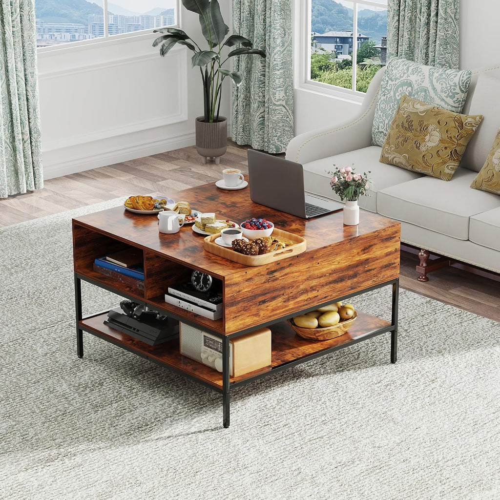 KEIKI 31.5' Flip-Top Coffee Table with Storage, Lift-Top Table, Dark Walnut & Black Metal, Farmhouse Modern Rectangular Living Room Table with Hidden Compartment & Open Shelves, Black