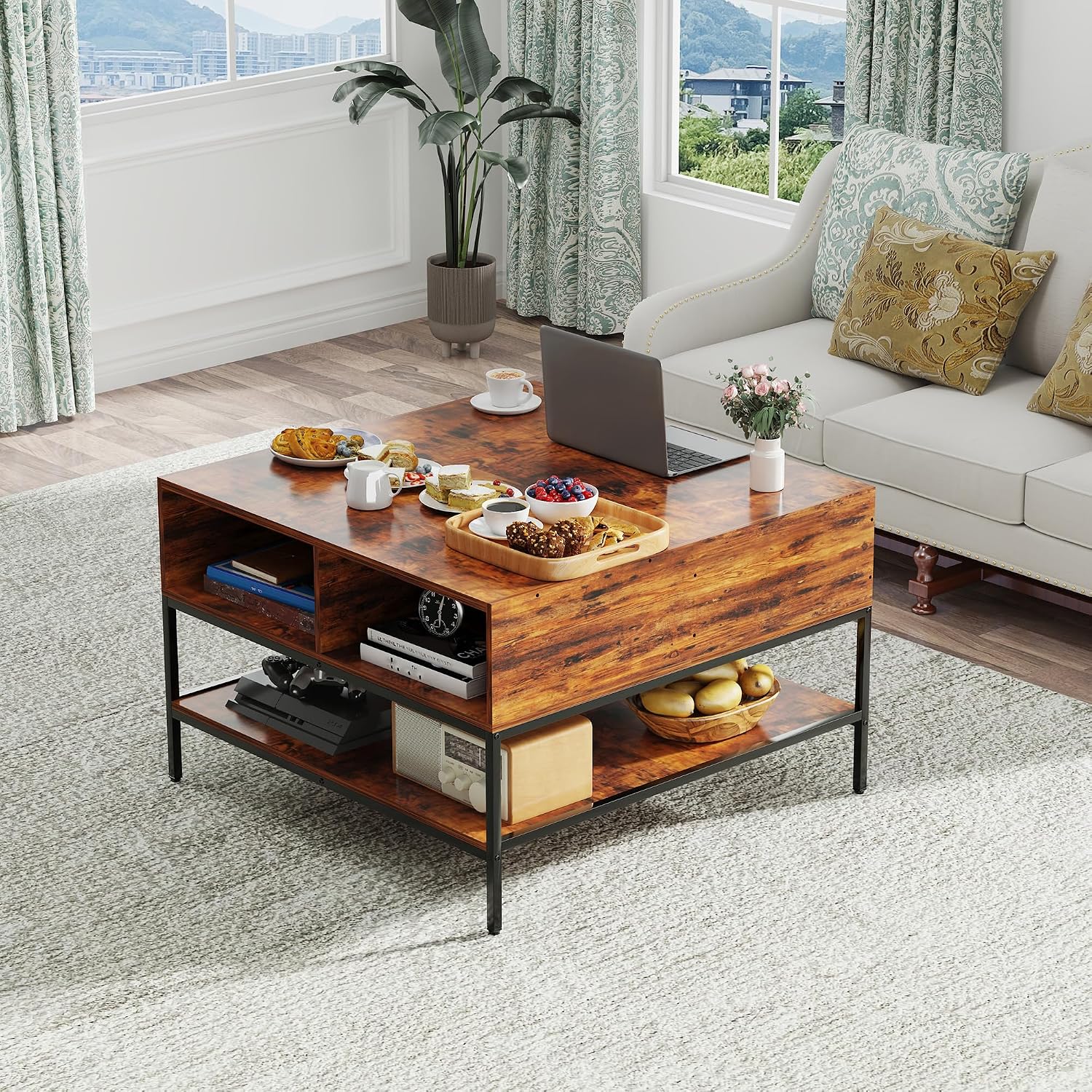 KEIKI 31.5' Flip-Top Coffee Table with Storage, Lift-Top Table, Dark Walnut & Black Metal, Farmhouse Modern Rectangular Living Room Table with Hidden Compartment & Open Shelves, Black