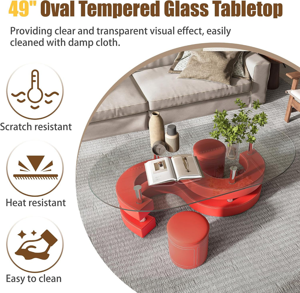 Glass Coffee Table Set With 2 Stools, 49' Oval With Tempered Top and Leather Stools, Modern Center Table for Living Room, Home Office