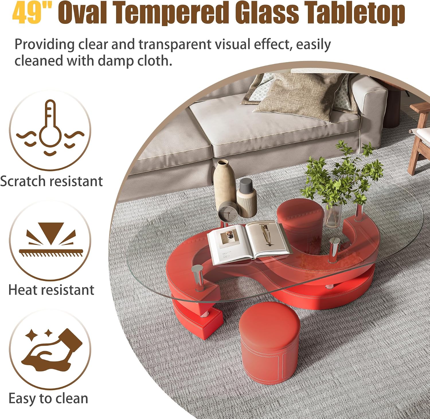 Glass Coffee Table Set With 2 Stools, 49' Oval With Tempered Top and Leather Stools, Modern Center Table for Living Room, Home Office