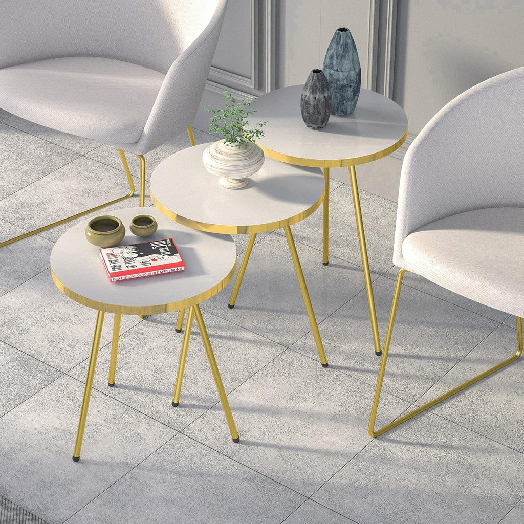 Set of 3 Nesting END Tables - Round Stacking Coffee Side Tables for Small Spaces, Nightstand Bedside Table for Living Room, Bedroom, Living Room, Balcony, NO-Tools Assembly (White/Gold)