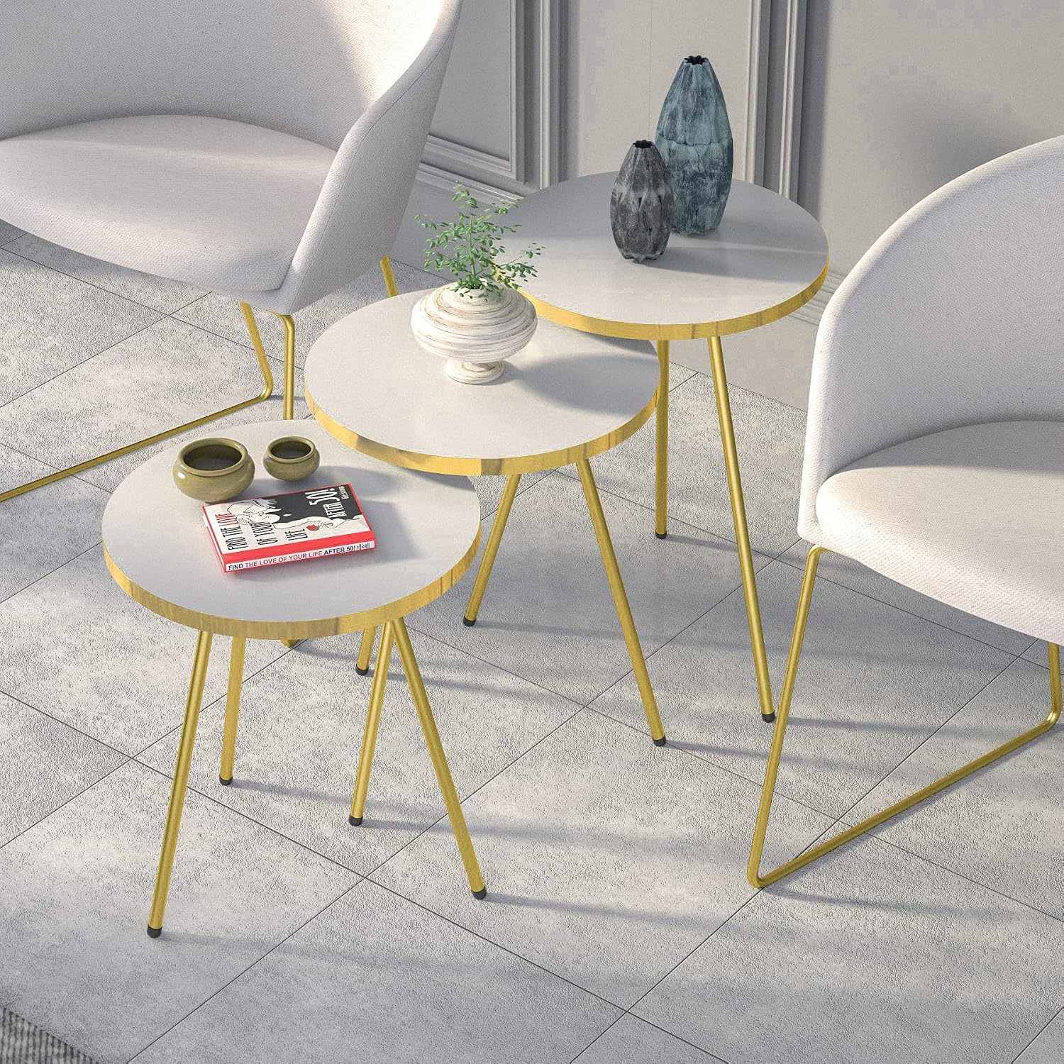 Set of 3 Nesting END Tables - Round Stacking Coffee Side Tables for Small Spaces, Nightstand Bedside Table for Living Room, Bedroom, Living Room, Balcony, NO-Tools Assembly (White/Gold)