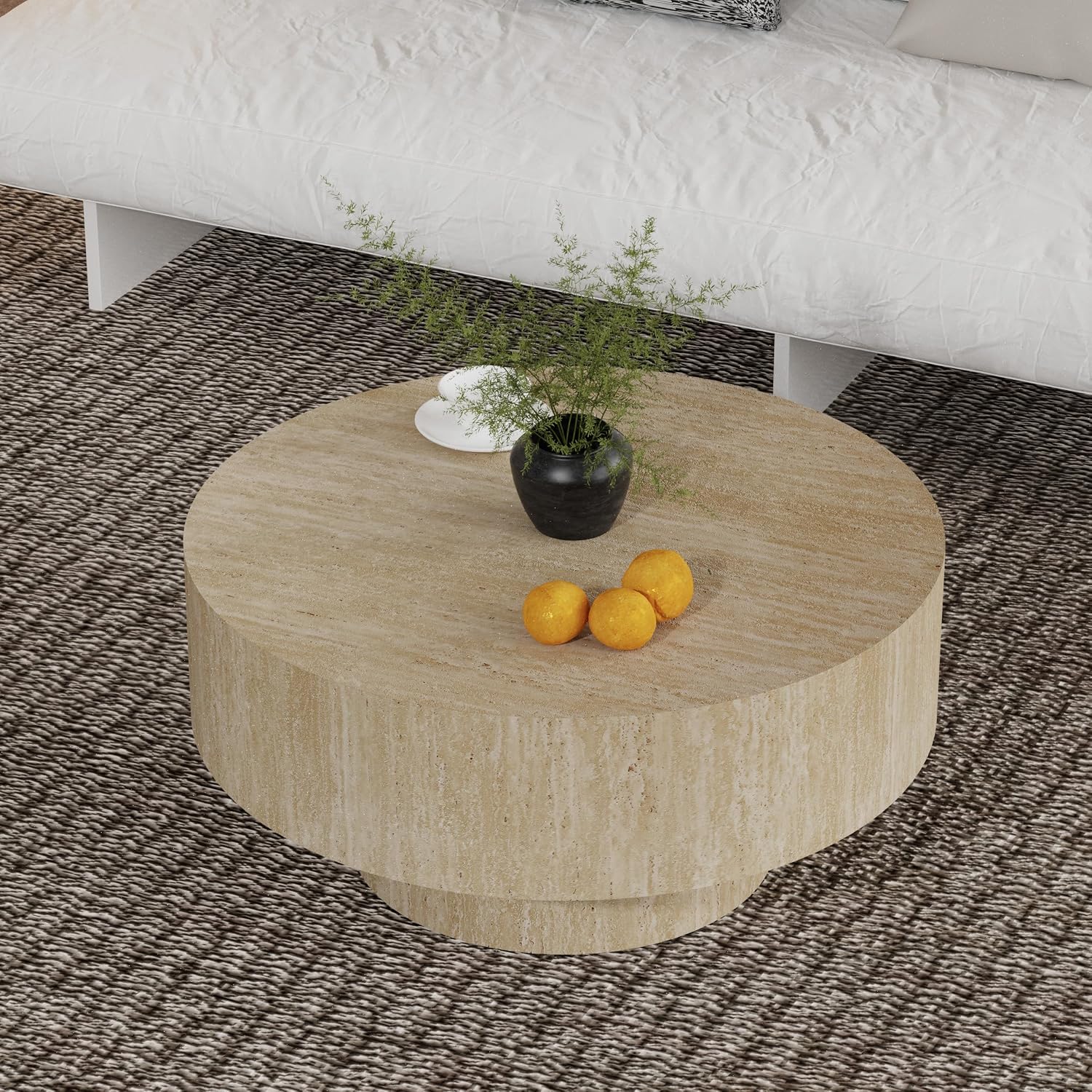 Round Fluted Coffee Table Round Drum Coffee Table for Living Room Modern Circular Pedestal Center Table (Circle Travertine 29.9in)