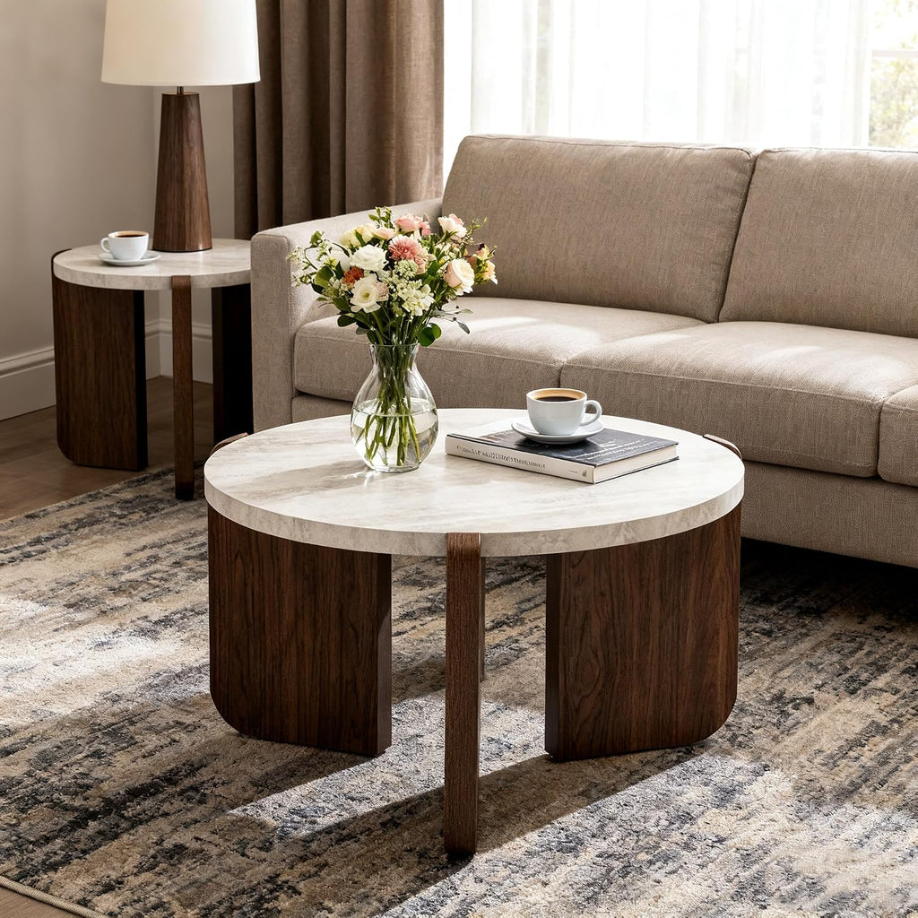 HOMPUS 31.5' Farmhouse Round Coffee Table, Wooden Coffee Table with Faux Marble Tabletop, Modern Living Room Circle Center Table, End Table for Living Room, Apartment, Easy Assembly (White + Brown)
