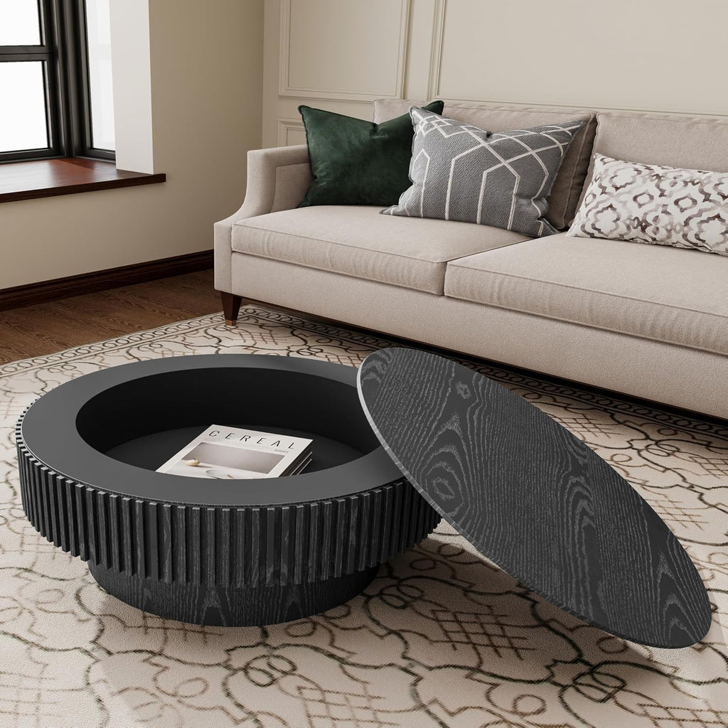 31.49' Round Coffee Table with Storage for Living Room, Modern Wooden Coffee Table Circle Center Table with Solid Wood Veneered, Easy Assembly, Black