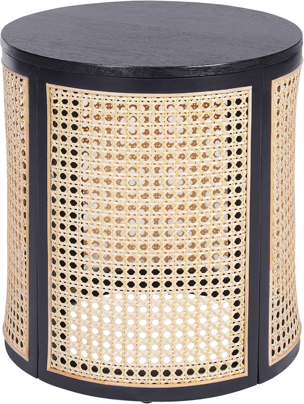 Christopher Knight Home Aurl Lift Top Round End Table with Storage, Modern Side Table with Woven Rattan Details, Wooden Small Coffee Table for Living Room, Round Storage Ottoman, Black
