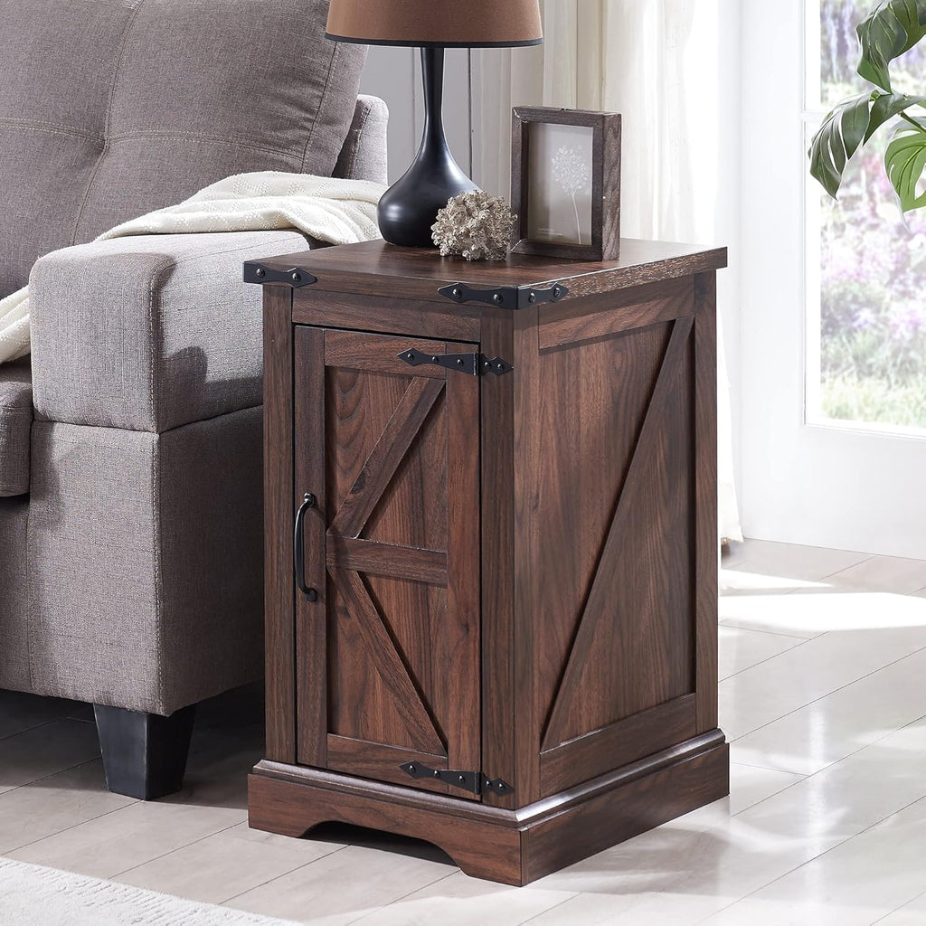 JXQTLINGMU 3-Piece Farmhouse Coffee Table and End Table Sets, Includeds 36' Lift Top Square Coffee Table w/Storage & 2 Rustic Wood End Tables w/Charging Station & Barn Doors for Living Room, Brown