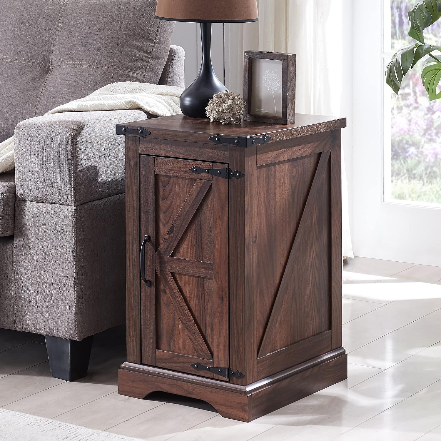 JXQTLINGMU Farmhouse Nightstand Set of 2 with Charging Station, 17' D Rectangular End Table with Barn Door & Adjustable Storage Shelf, Wood Rustic Sofa Side Table for Living Room, Bedroom, Brown