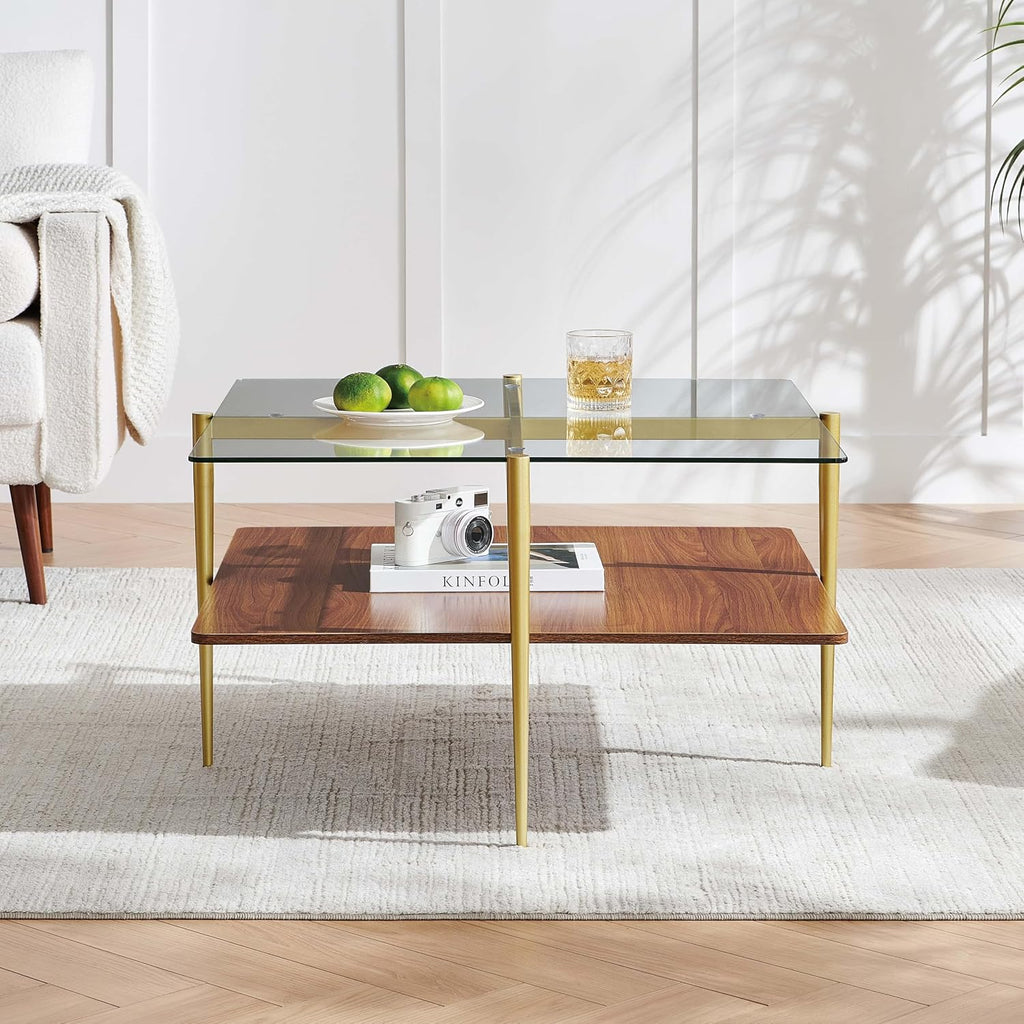 LumFurn X-Large Oval Glass Coffee Table, Mid-Century Modern Design, L47 x W24 x H17 inch, for Living Room, Clear Glass Top and Walnut Finish Wood Shelf, Conical Legs with Gold Finish Frame