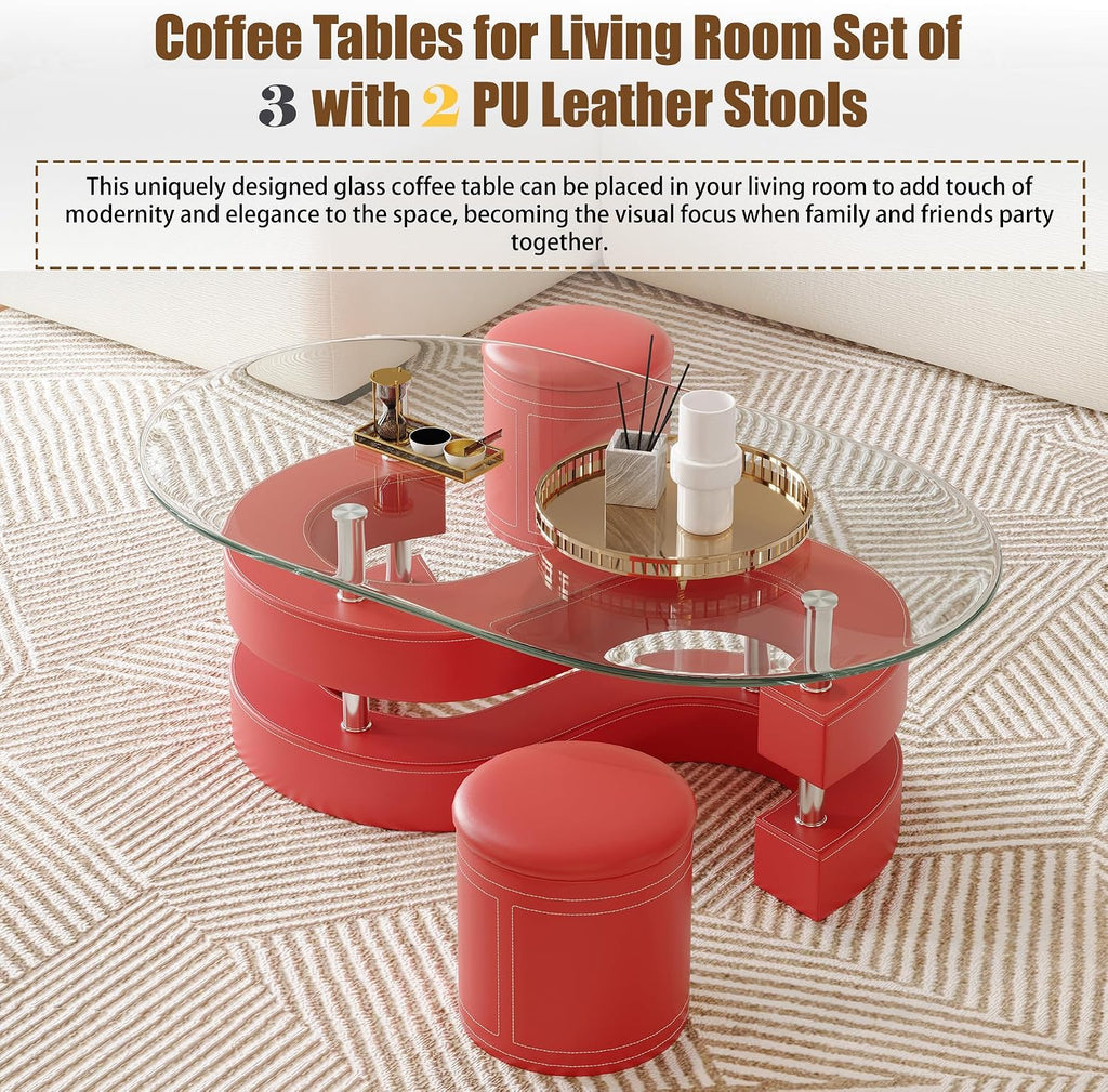 Glass Coffee Table Set With 2 Stools, 49' Oval With Tempered Top and Leather Stools, Modern Center Table for Living Room, Home Office