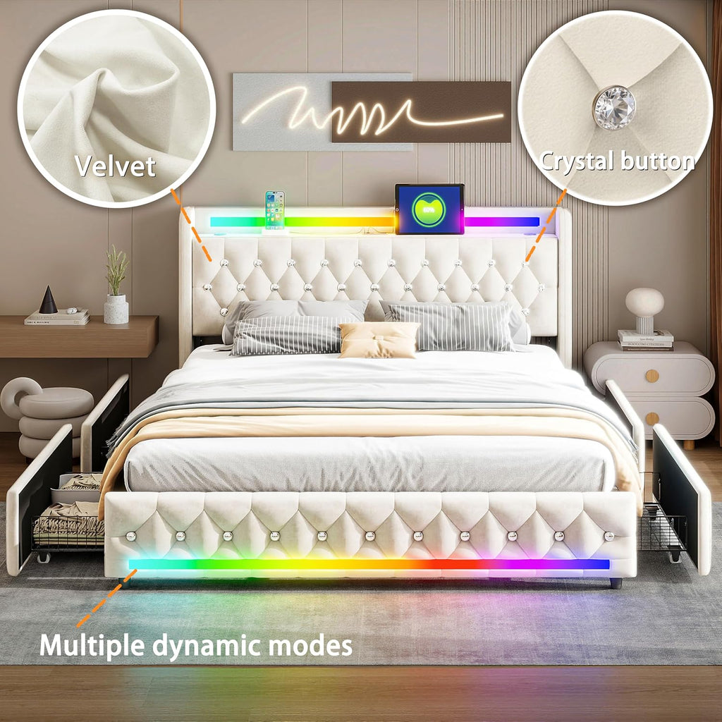Music Player Bed with Bluetooth Speakers, Queen Size Smart Bed, Multi-Color LED Lighting,USB&Type C Charging Ports,4 Storage Drawers,Velvet Bed Frame with Headoard,Wooden Slats (Beige, Queen)