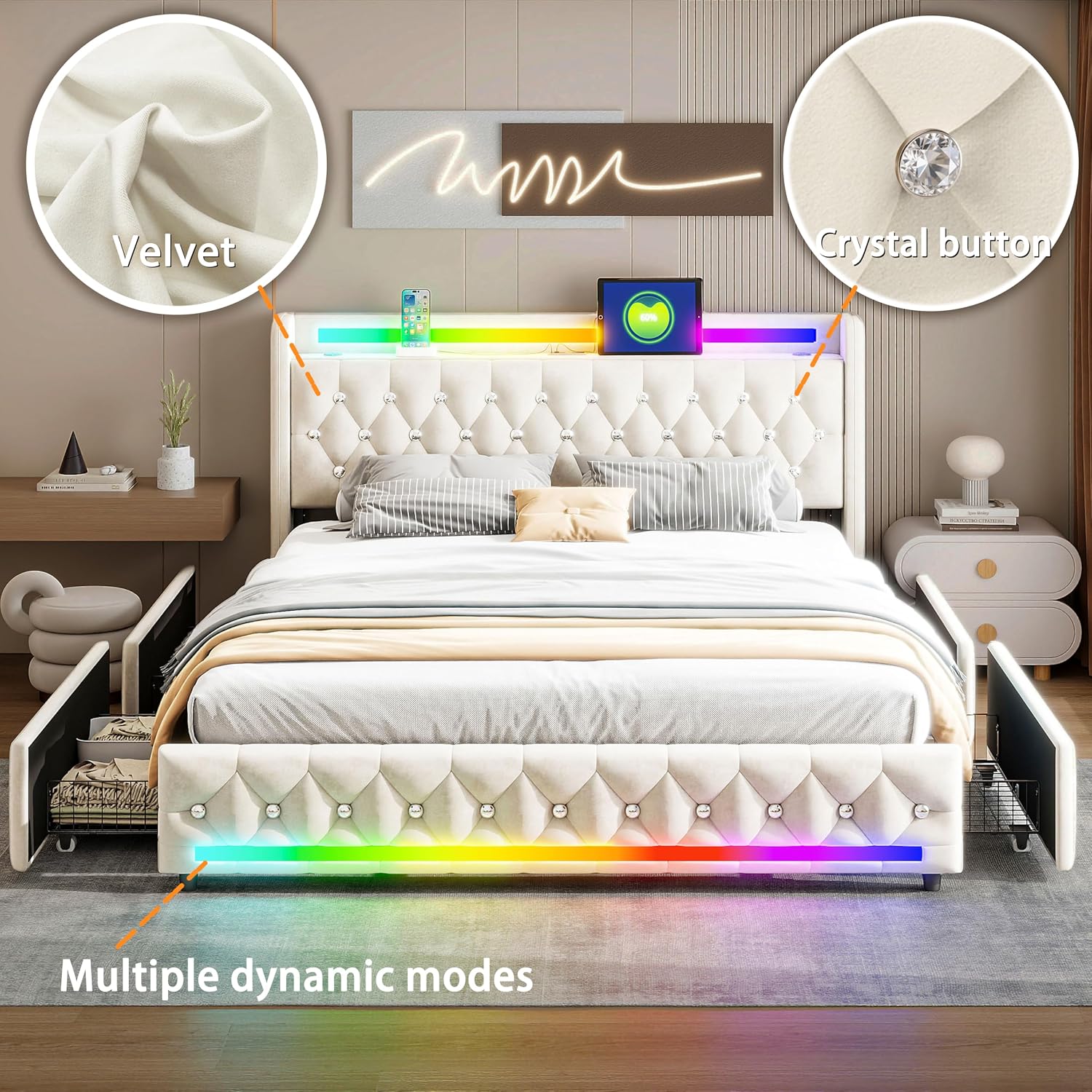 Music Player Bed with Bluetooth Speakers, Queen Size Smart Bed, Multi-Color LED Lighting,USB&Type C Charging Ports,4 Storage Drawers,Velvet Bed Frame with Headoard,Wooden Slats (Beige, Queen)