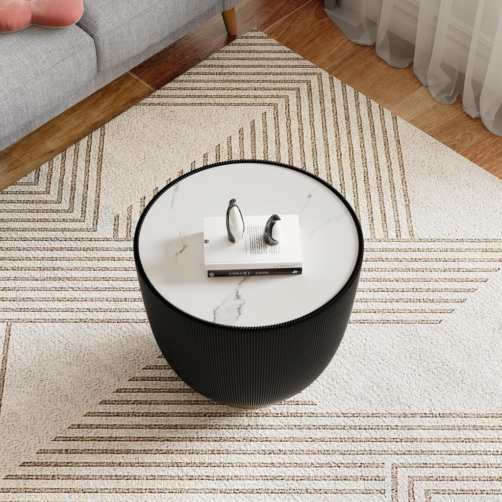 Black Round Side Table, 19.7' Faux Marble Fluted End Table for Small Spaces,White Sintered Stone Top & Leather Covered & Gold Metal Base, Small Bedside Coffee Tables Nightstand for Living Room Couch