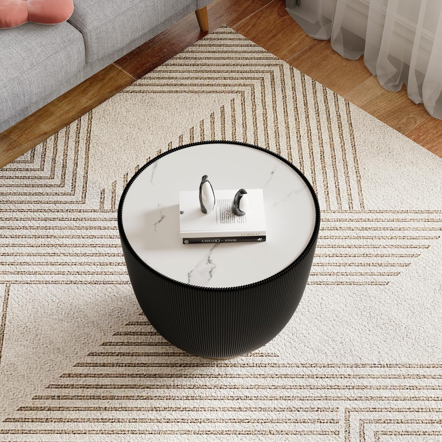 Black Round Side Table, 19.7' Faux Marble Fluted End Table for Small Spaces,White Sintered Stone Top & Leather Covered & Gold Metal Base, Small Bedside Coffee Tables Nightstand for Living Room Couch