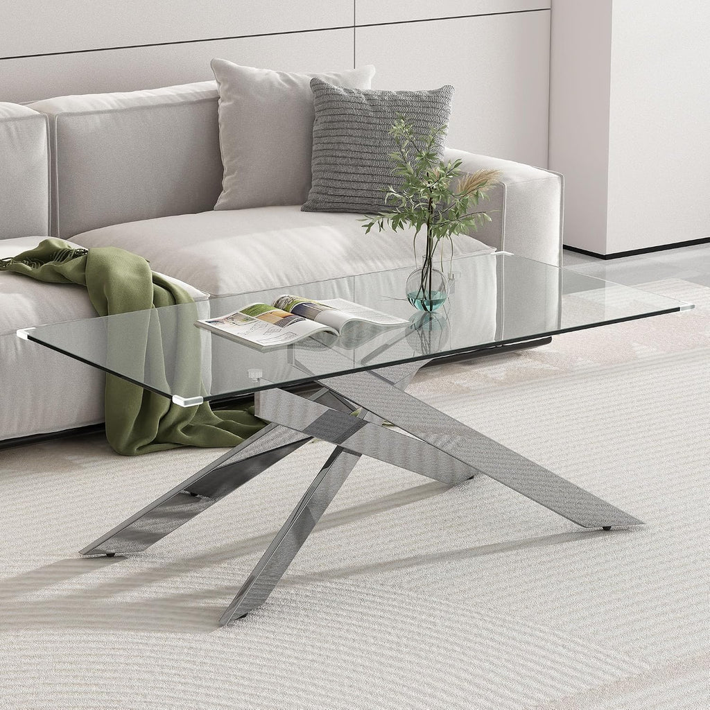 47 Inch Glass Coffee Table, Modern Rectangle Center Table with Clear Tempered Glass Top and Silver Metal Legs for Living Room, Apartment, Office, Easy to Clean