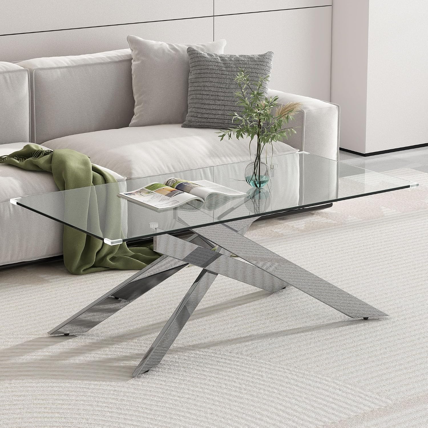 47 Inch Glass Coffee Table, Modern Rectangle Center Table with Clear Tempered Glass Top and Silver Metal Legs for Living Room, Apartment, Office, Easy to Clean