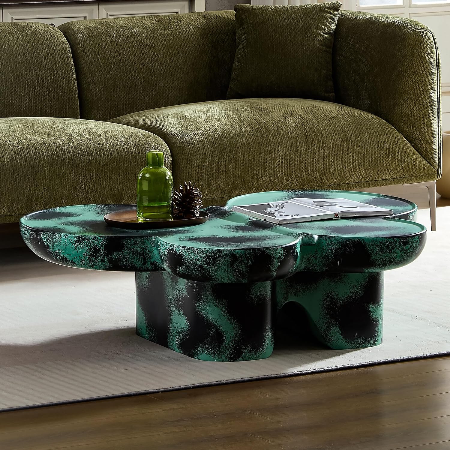 Large 47-inch Modern Glass Top Coffee Table, Mid-Century Green & Black Accent Table for Spacious Living Room, Lounge or Office (Green + Black)