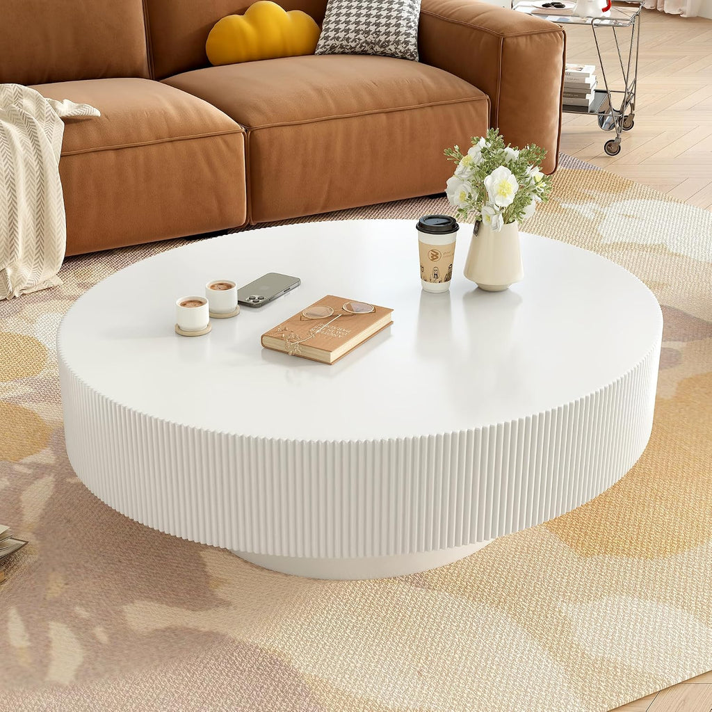 WILLIAMSPACE 31.5' White Round Coffee Table with 6.8' Thick Tabletop & Sturdy Base, Modern Drum Center Table Circle Accent Side Table for Living Room, Minimalist Fluted Design, White