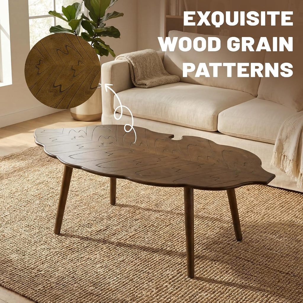 HNY Modern Coffee Table for Living Room, Brown Wood Coffee Table Farmhouse Center Table Vivid Leaf Table End Table with Rustic Grain Side Table with Wood Leg for Bedroom Office Cafe Small Space