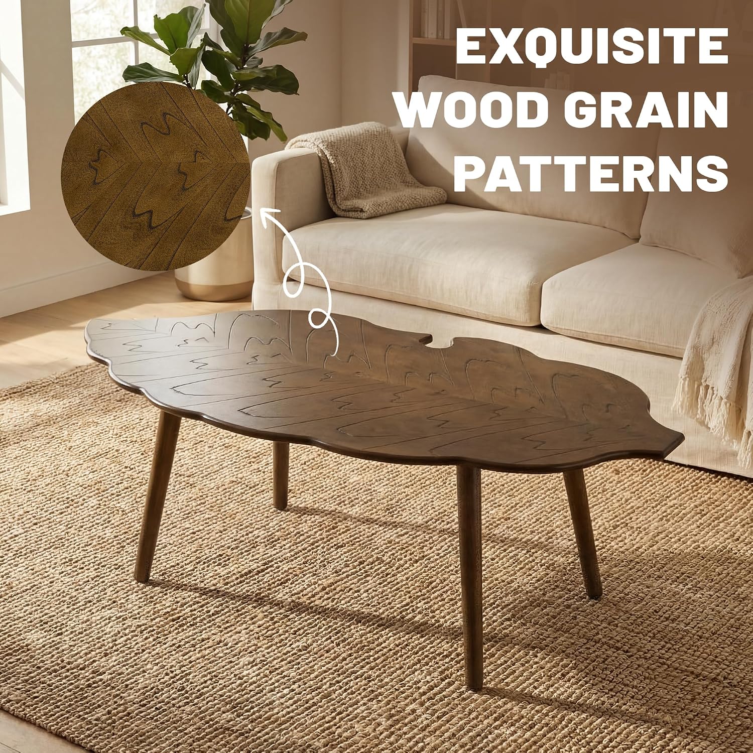 HNY Modern Coffee Table for Living Room, Brown Wood Coffee Table Farmhouse Center Table Vivid Leaf Table End Table with Rustic Grain Side Table with Wood Leg for Bedroom Office Cafe Small Space