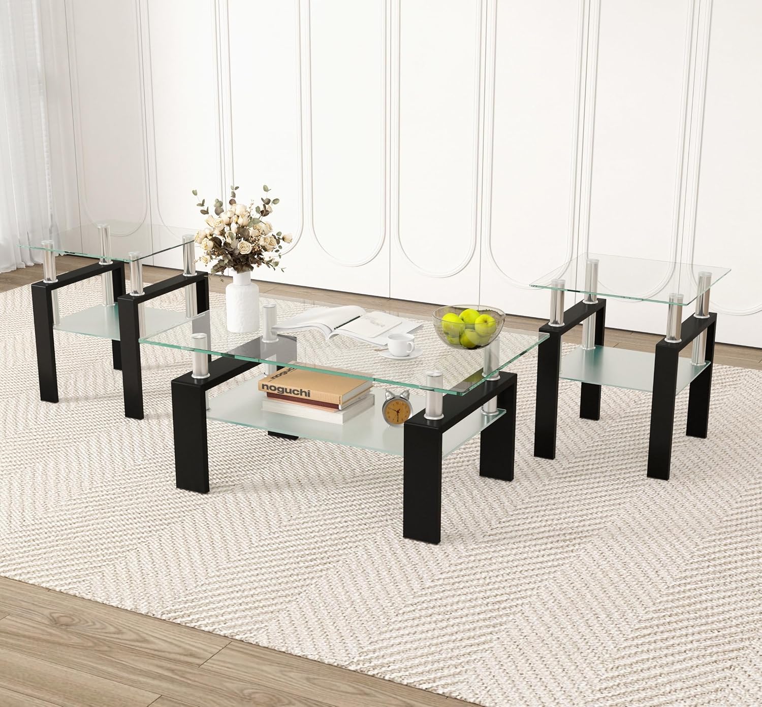 Glass Coffee Table Set of 3, 3-Piece Living Room Tables with Tempered Glass and Metal Frame, Coffee and End Table Sets, Clear
