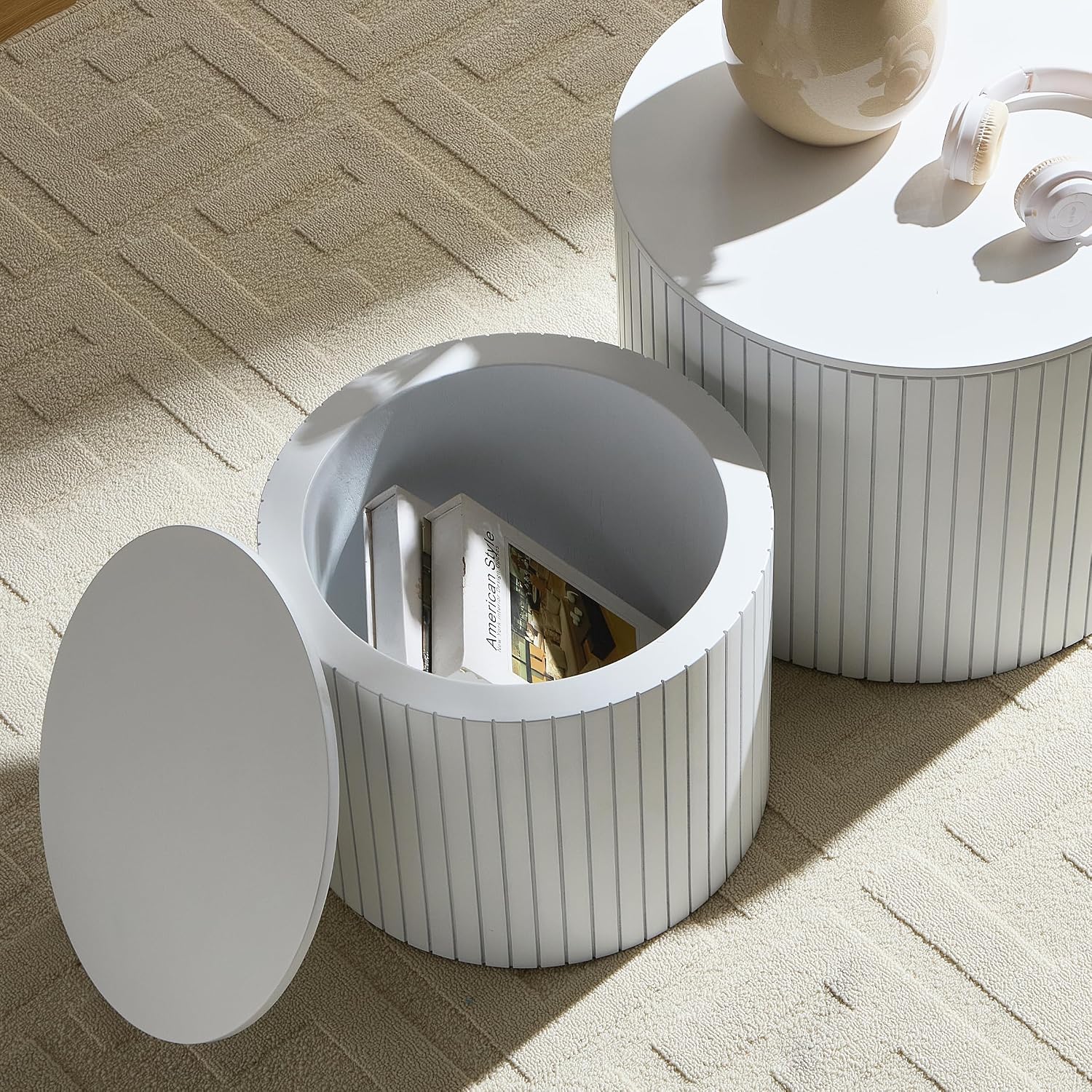 Nesting Coffee Table Set of 2, 19.17' Round Coffee Tables with Storage, Modern End Table for Living Room,Side Table for Apartment,Office,Dorm(White)