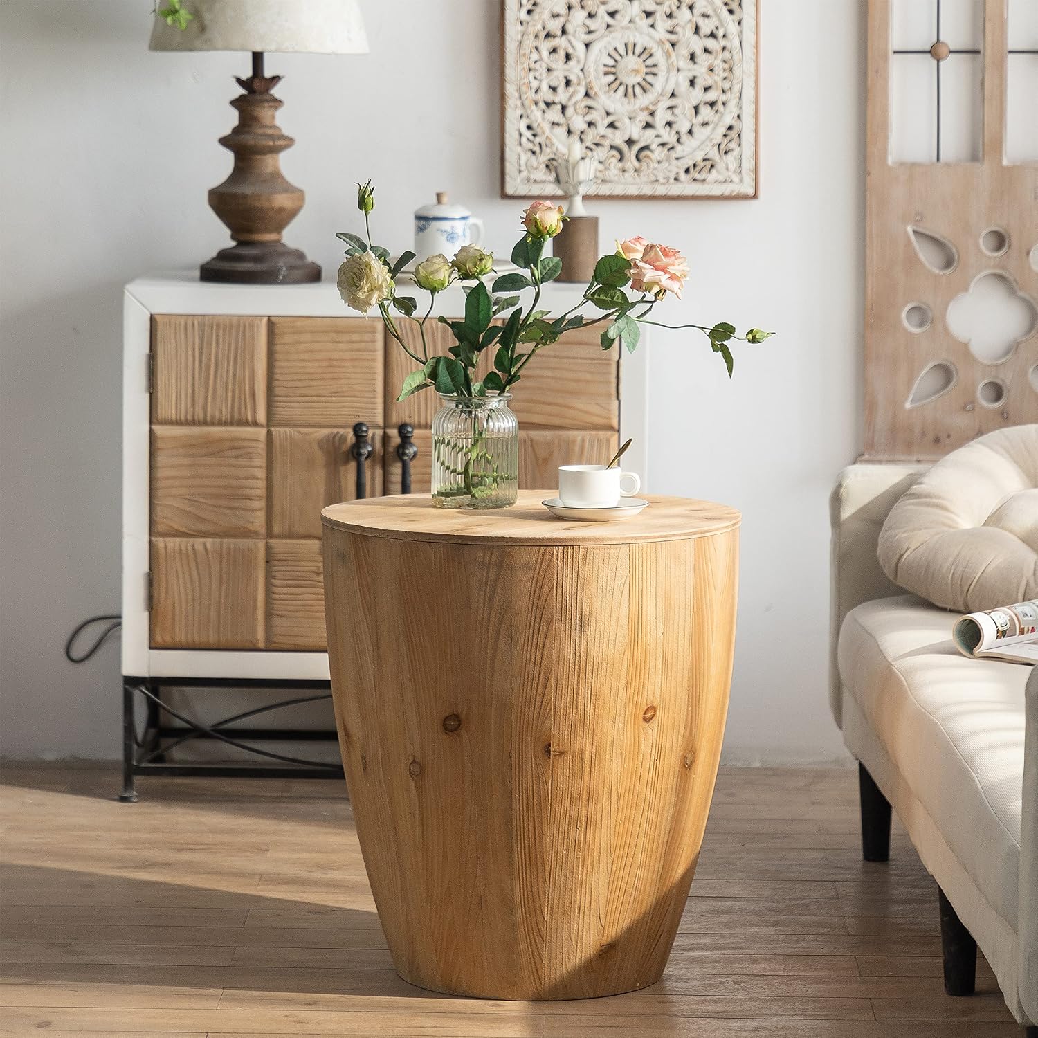 Wood Coffee Table End Table Side Table with Storage for Living Room, Modern Retro Farmhouse Round Bucket Drum Shaped Coffee Table for Apartment Office (ø21'' x 23.4'')