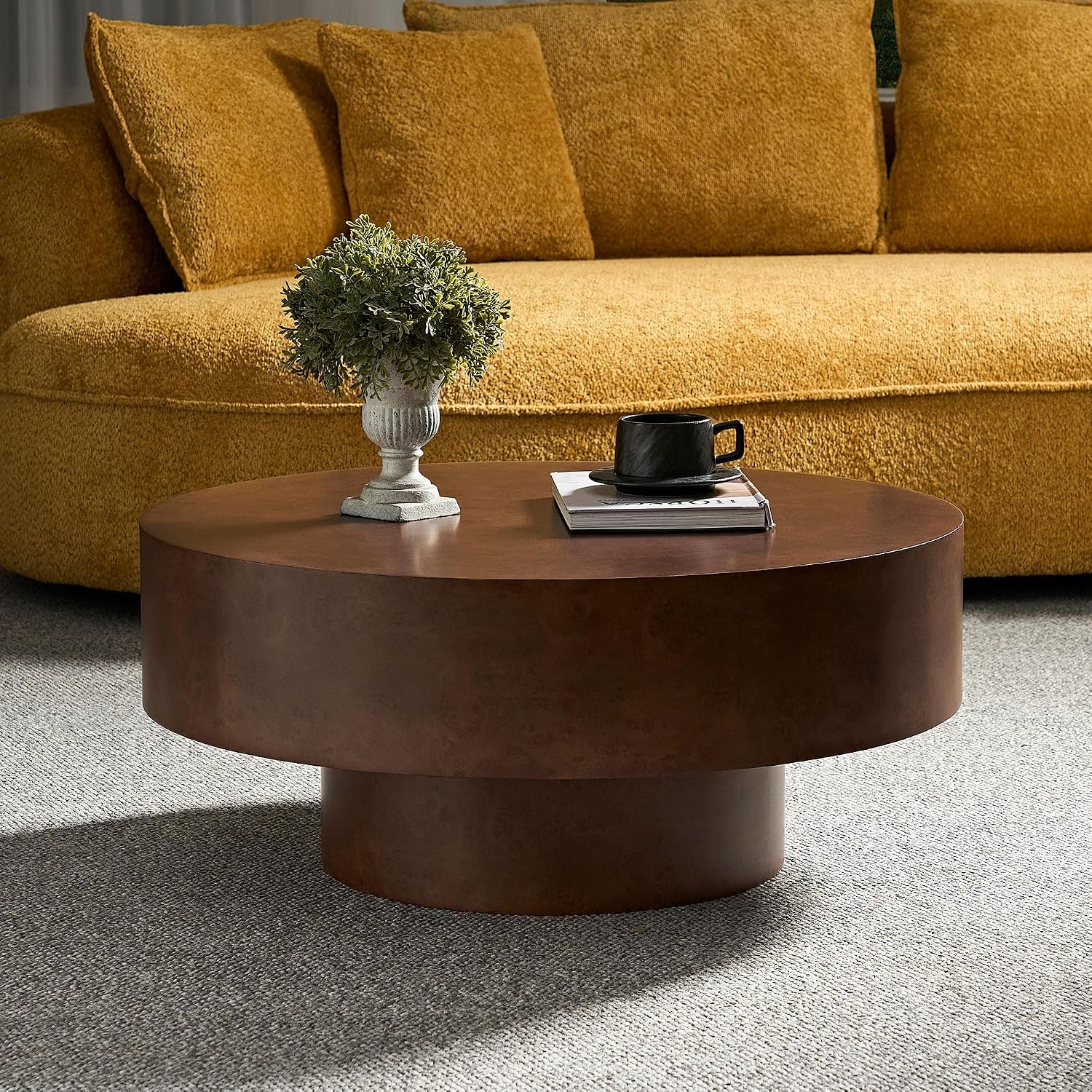 Round Coffee Table, 31.49' Faux Burl Wood Pattern Center Table with Sturdy Pedestal for Living Room Apartment Office, Walnut