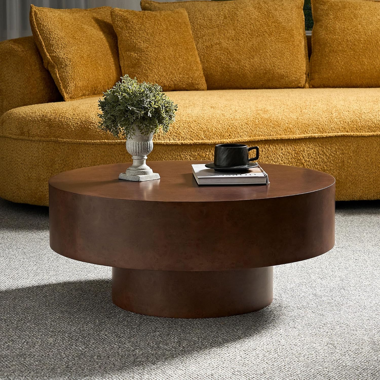 WILLIAMSPACE 31.49' Round Coffee Table with Faux Burl Wood Veneer & Pedestal, Modern Wood Circle Drum Center Table for Living Room, Circular Accent Side End Table for Apartment, 13.77' H (Walnut)