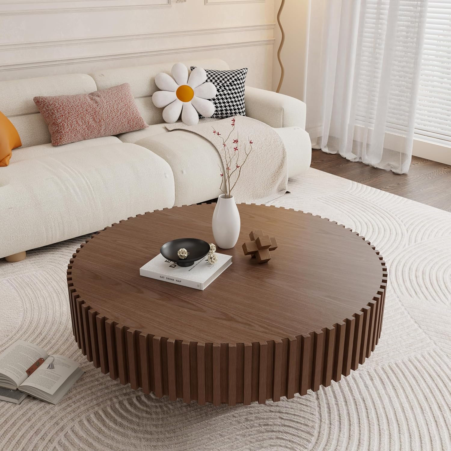 39.4' Walnut Round Coffee Table Wood, Modern Drum Fluted Coffee Table for Living Room, Contemporary Low Circle Center Table Side Table for Apartment, Farmhouse, Office, mesa de Cafe