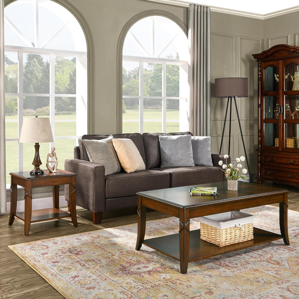 Mid-Century Modern Living Room Coffee Table Set, 2-Piece Solid Wood Living Room Table Set, 1 Solid Wood Coffee Table with Storage Shelf and 1 End Table, Cherry Walnut KFZ-DR200-2