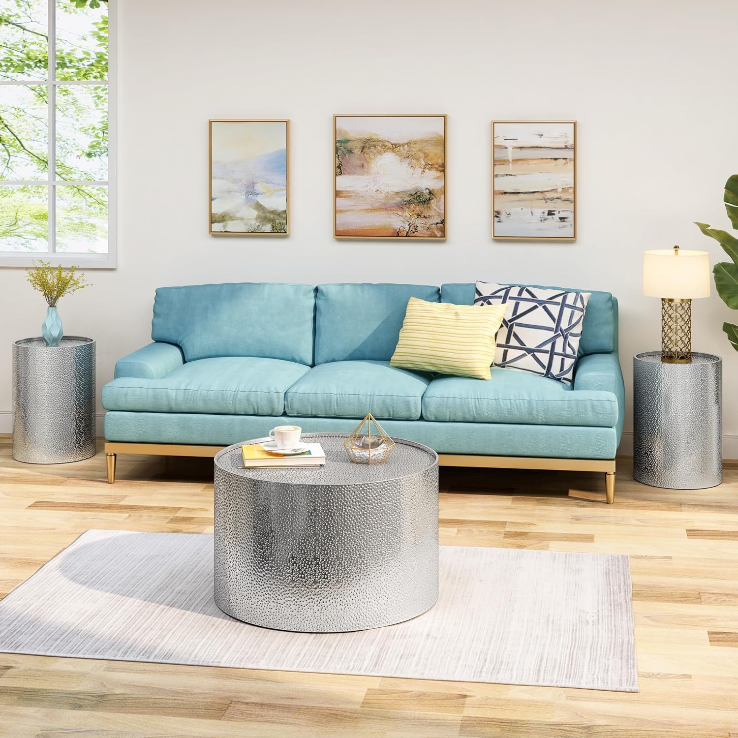 Christopher Knight Home Braeburn Modern Round 3 Piece Iron Accent and Coffee Table Set, Silver