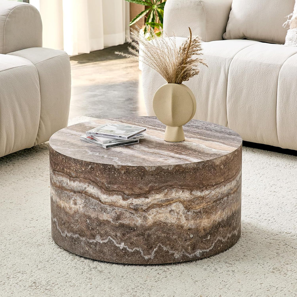Round Coffee Table, 23.6' Modern Grey Faux Marble Drum Coffee Table, Round Accent Center Table for Living Room Apartment Small Spaces, No Assembly Required