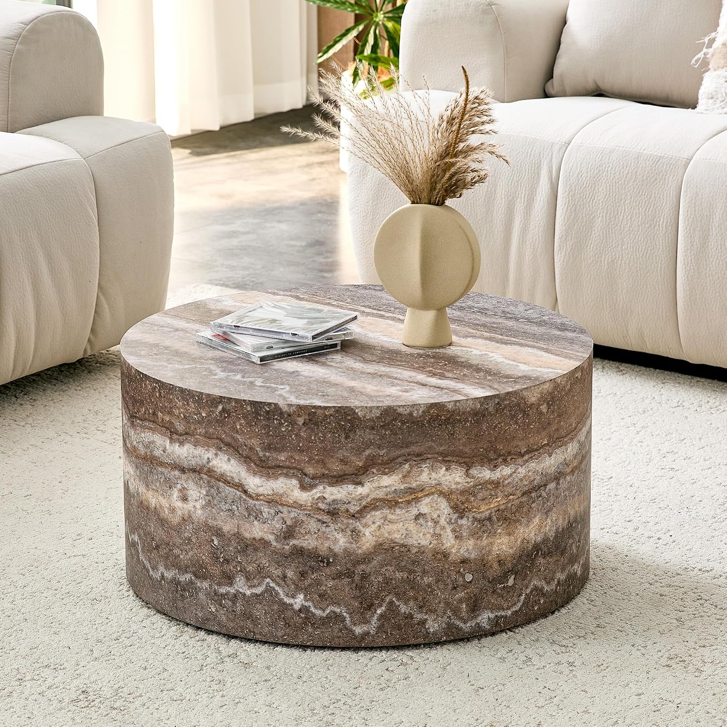 Round Coffee Table, 23.6' Modern Grey Faux Marble Drum Coffee Table, Round Accent Center Table for Living Room Apartment Small Spaces, No Assembly Required