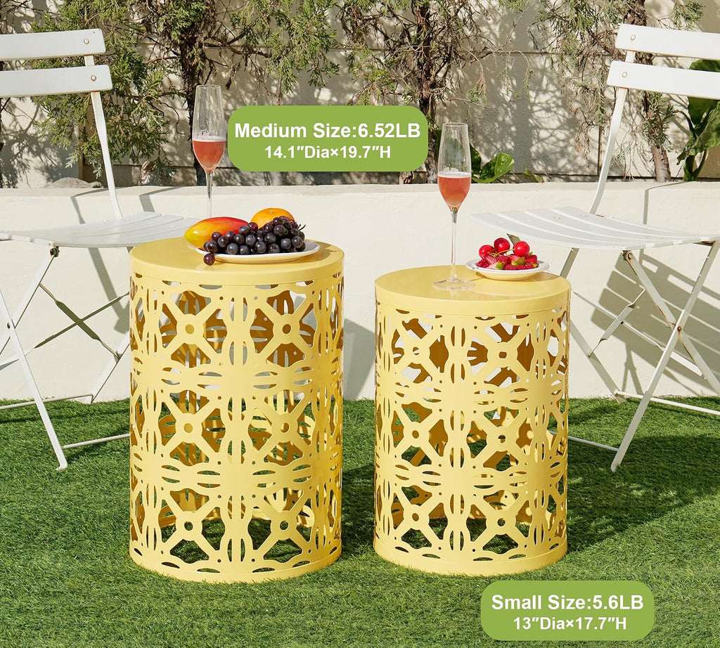 HFHOME Set of 3 Metal Outdoor Side Table, Nesting Round Coffee Table for Indoor Outdoor, Heavy Duty End Tables Plant Stand Living Room Garden Stool - Yellow