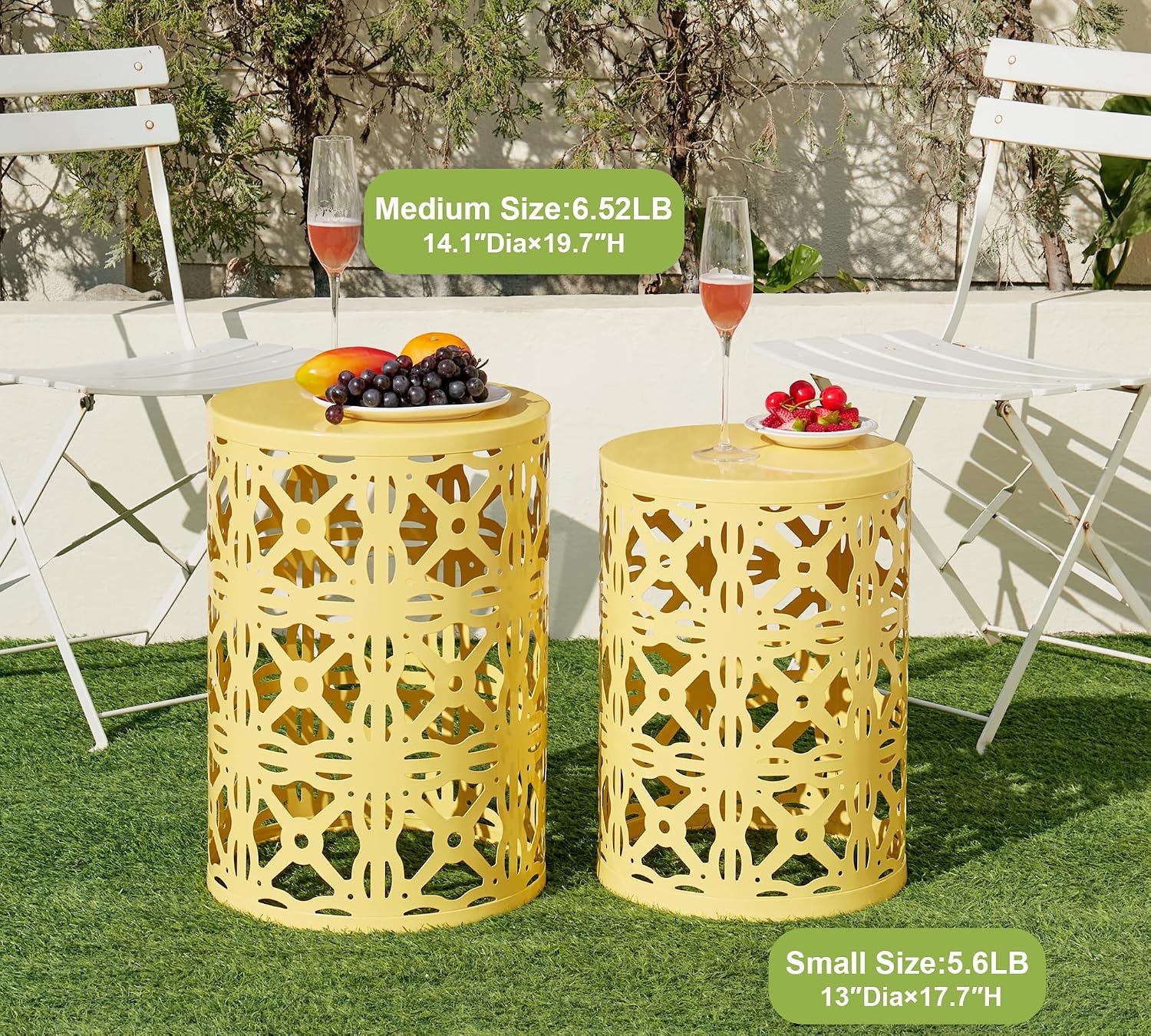 HFHOME Set of 3 Metal Outdoor Side Table, Nesting Round Coffee Table for Indoor Outdoor, Heavy Duty End Tables Plant Stand Living Room Garden Stool - Yellow