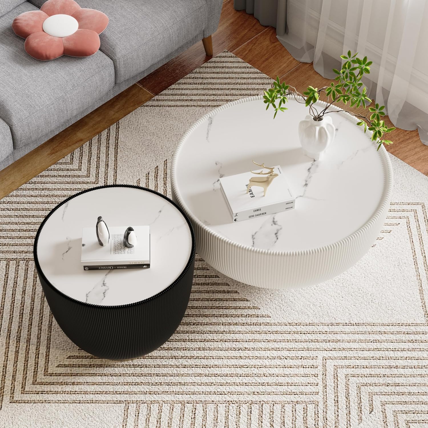 Modern Coffee Table Set, Round Drum Coffee Table with Sintered Stone Top, PU Leather Cover and Metal Base, White and Black Living Room Table Set, 29.53' & 19.7'