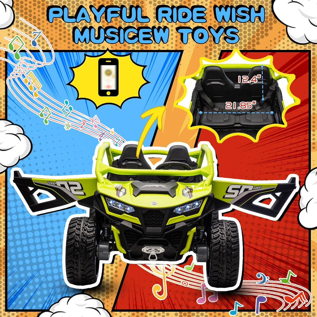 wanan XL 24V 10AH Ride on Toys for Big Kids Real 2-Seater, 4x4 4WD Motor Ride on Car Kid UTV for Kids 3-8, Remote Control, Bluetooth Music, 4 Spring Suspension, 22' Spacious Seats (Green)