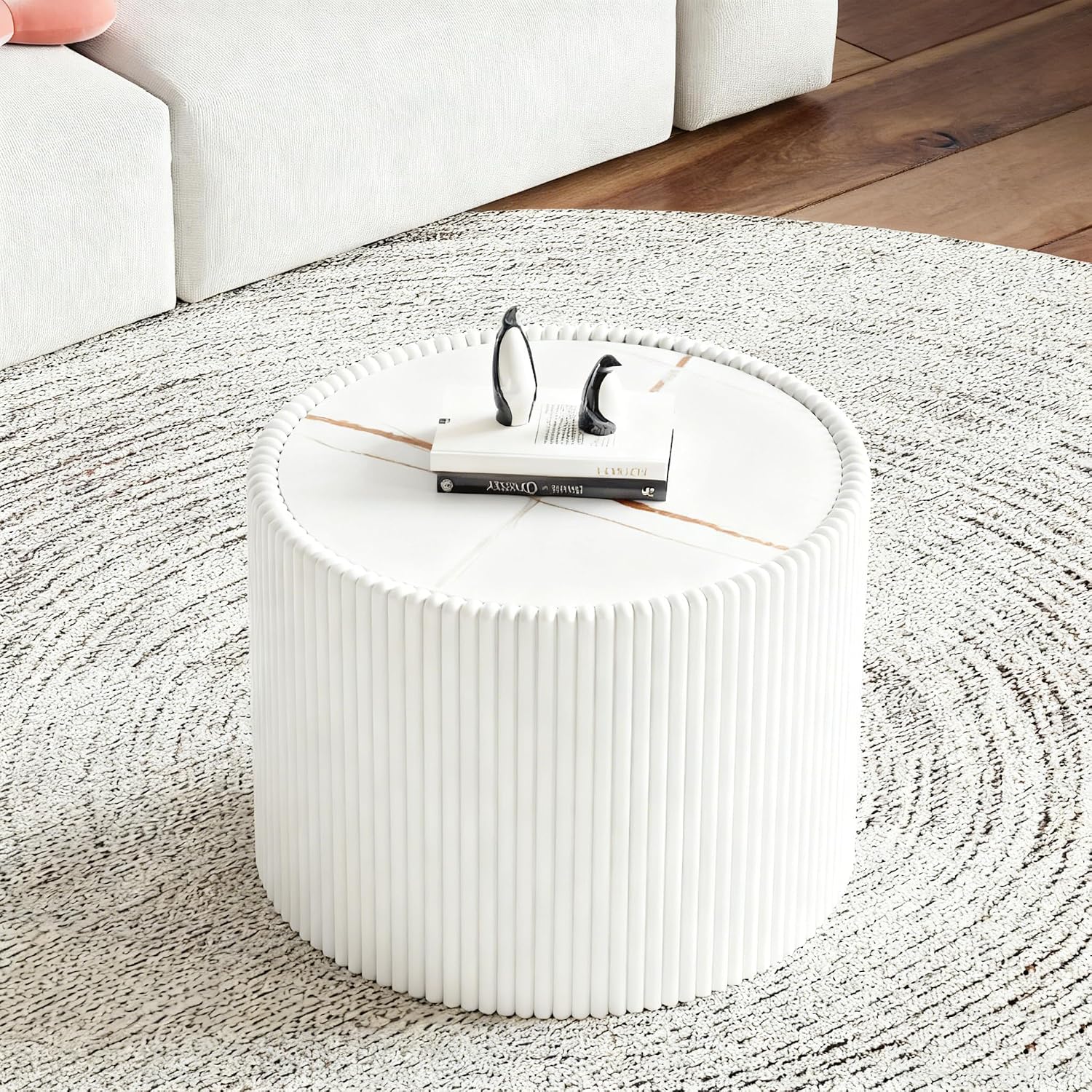 Modern Round Coffee Table Set of 2 Luxury Sintered Stone Top Coffee End Table in White Leatherette Drum-Shape Small Coffee Side End Tables for Living Room,Fully Assembled