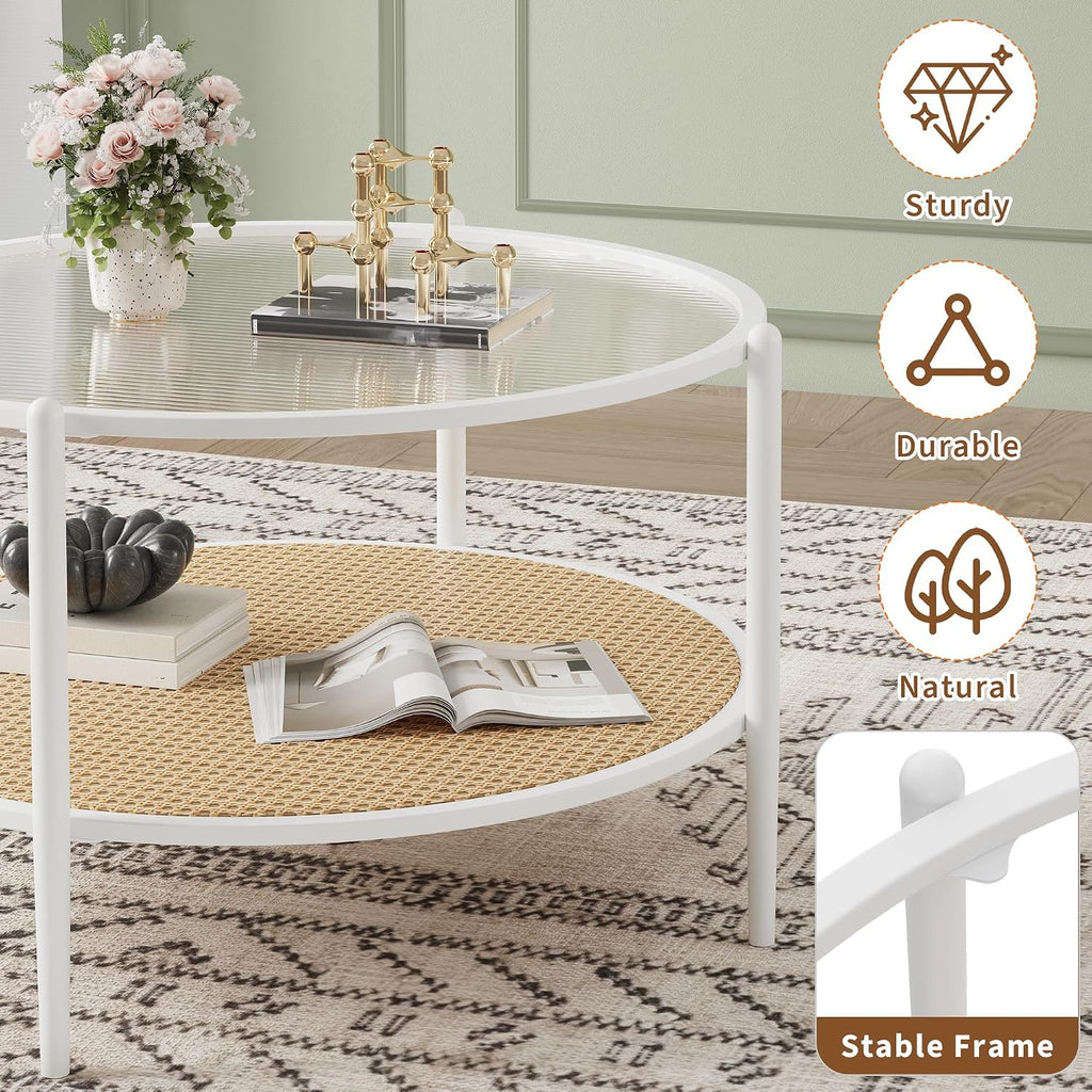 30' Round Rattan Coffee Table, 2-Tier White Gold Glass Storage Center Table for Living Room, Modern Circle Small Round Coffee Table with Tempered Water-Wave Glass Top & Metal Frame for Bedroom, Office