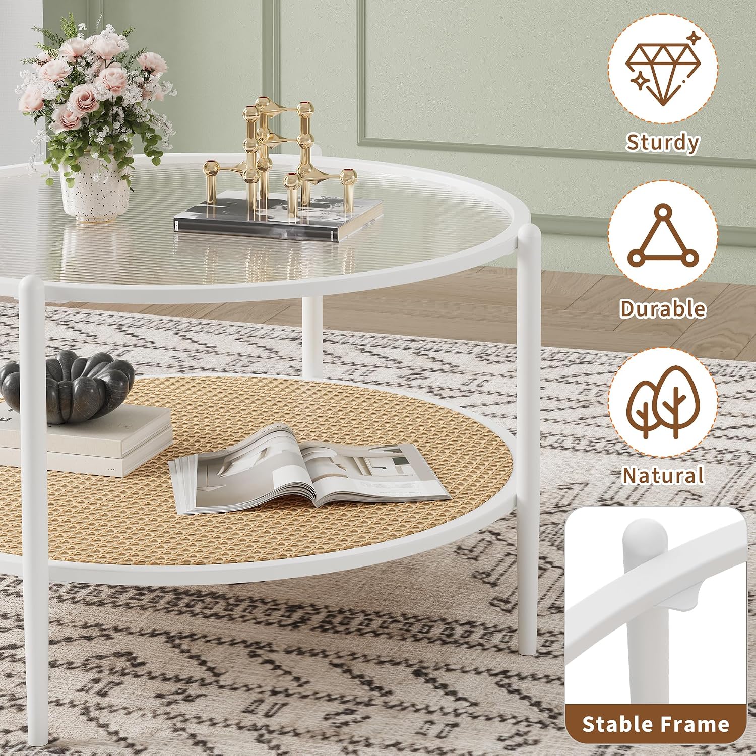 30' Round Rattan Coffee Table, 2-Tier White Gold Glass Storage Center Table for Living Room, Modern Circle Small Round Coffee Table with Tempered Water-Wave Glass Top & Metal Frame for Bedroom, Office