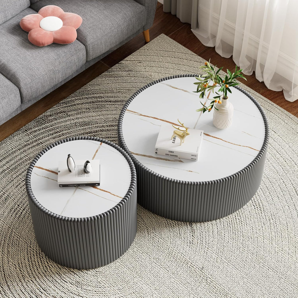 Modern Round Coffee Table Set of 2 Luxury Sintered Stone Top Coffee End Table in Grey Leatherette Drum-Shape Small Coffee Side End Tables for Living Room,Fully Assembled