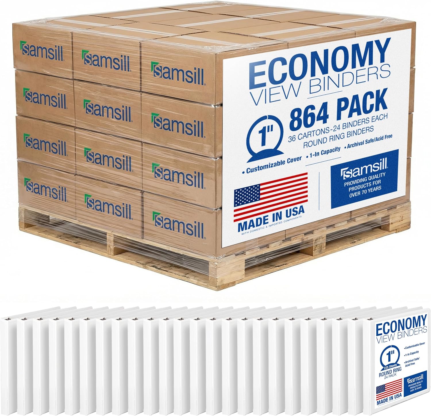 Samsill 1 Inch 3 Ring Binders, Made in USA, Economy Round Ring with Clear View Cover, 200 Sheet Capacity, White, Pallet of 864 Binders in 36 Cartons