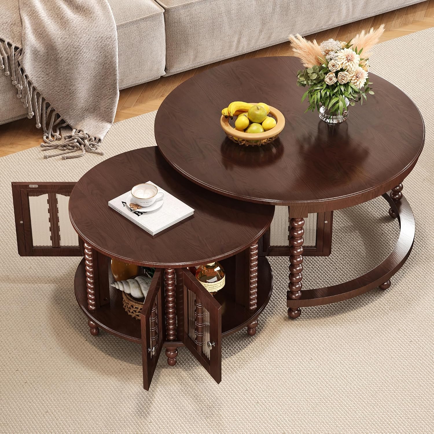 31.5' Vintage Round Nesting Coffee Table,Six Bamboo-Shaped Decorative Glass Doors,Retro Beaded Legs,Walnut