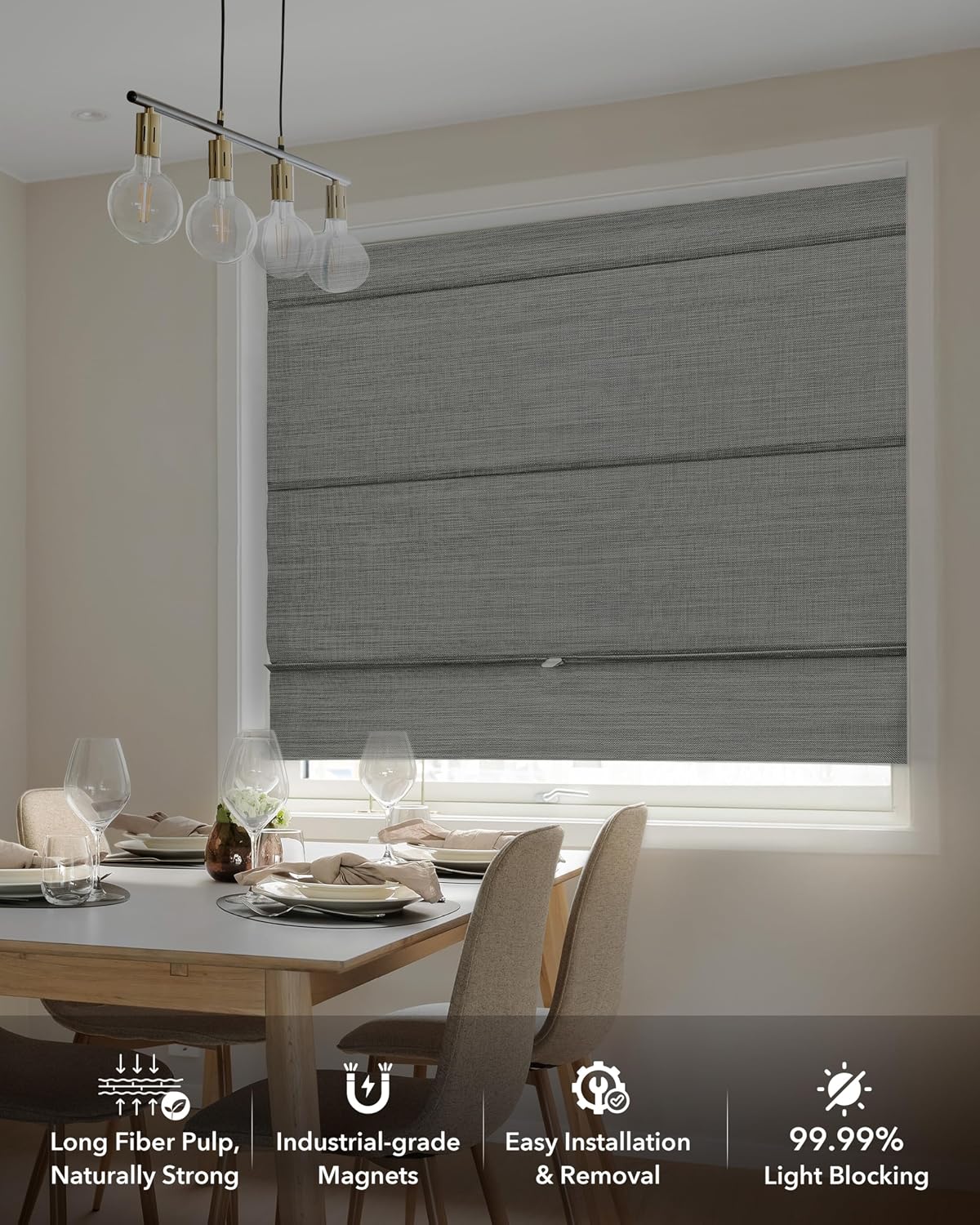 GoDear Design 99.99% Blackout Magnetic Roman Shades for Windows, No Drill Cordless Woven Fabric Blinds for Bedroom & Living Room, Thermal Insulated Door Window Curtains & Blinds, 35' W x 65' L, Iron