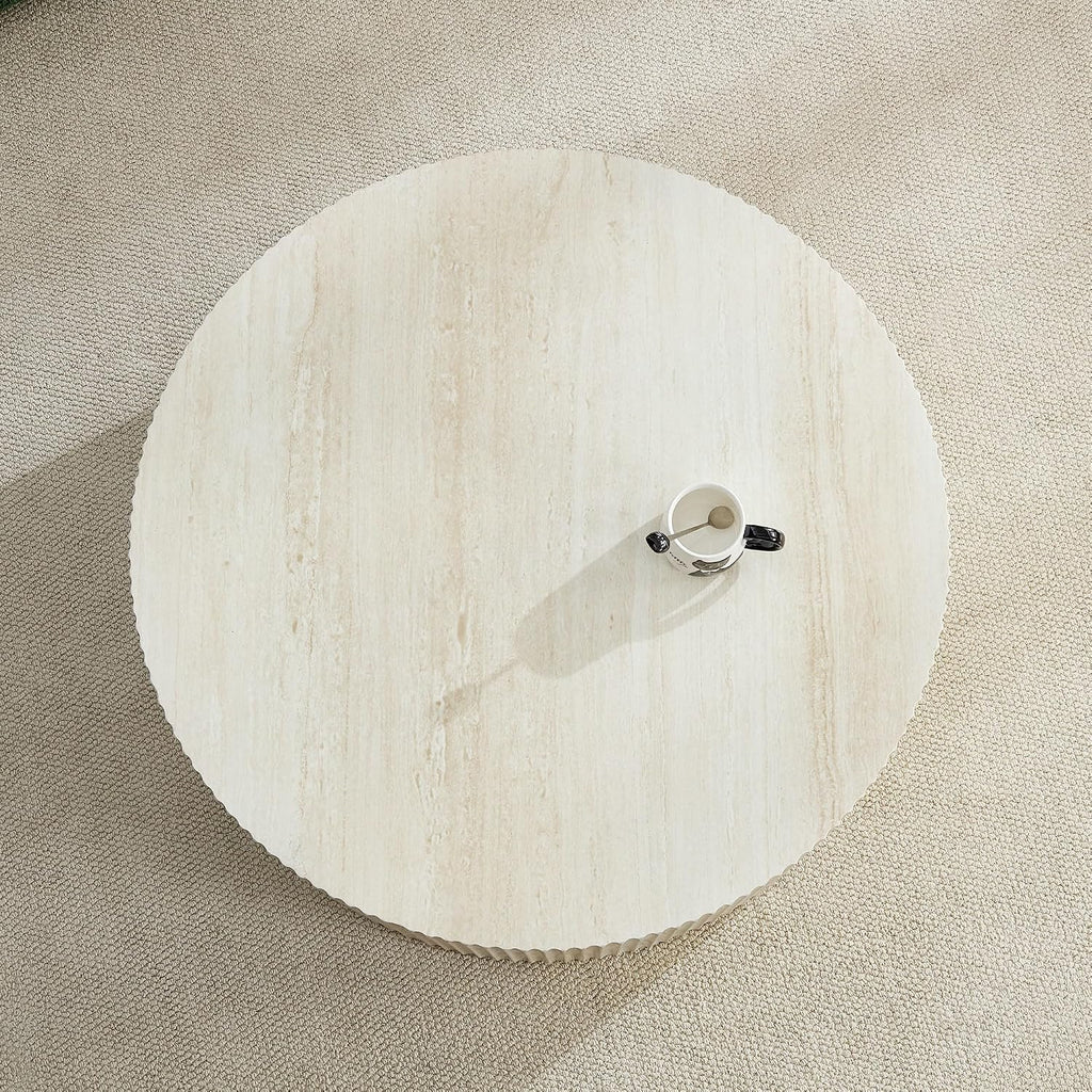 35.43'' Round Fluted Coffee Table Wood Circle Coffee Table for Living Room, Modern Contemporary Style, No Assembly, Beige